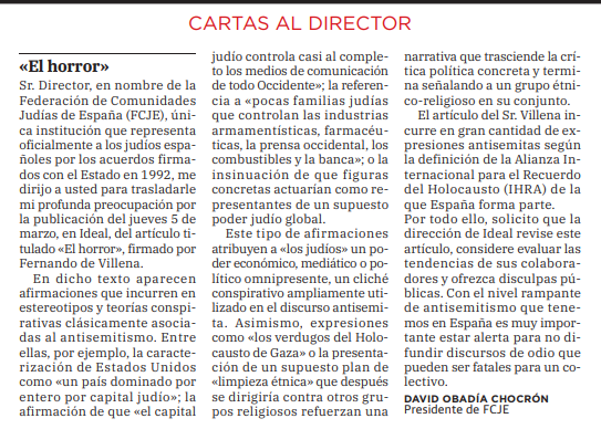 Carta de la FCJE publicada por Ideal de Granada